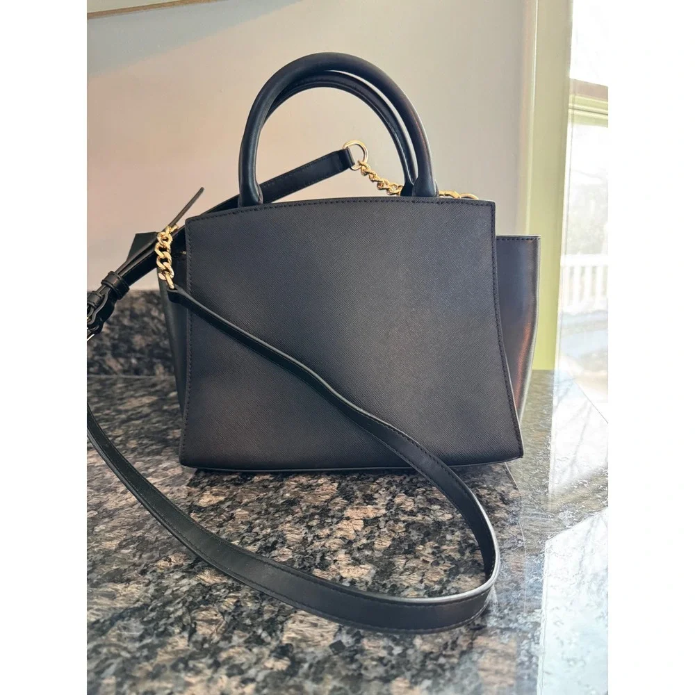 Michael Kors Black Saffiano Leather Satchel Crossbody‎ Bag Gold Hardware MK Logo